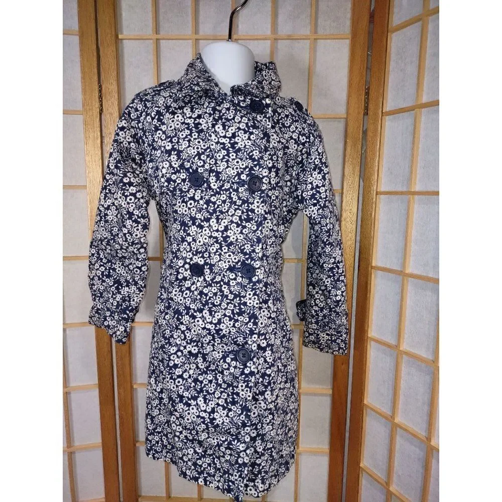Baby Gap Toddler Size 4 Floral Trench Coat Navy White Double Breasted Jacket